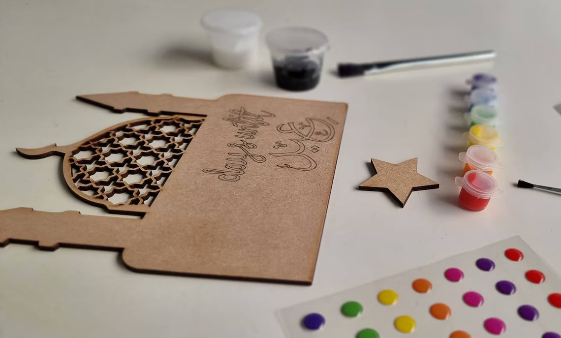 Curious Button Pack of 2 eid Countdown Plaque and Star Ramadan Craft kit Pine MDF Islamic Art DIY Ramadan Decor eid Mubarak Decoration for Home Kids Activity 12 inch Plaque