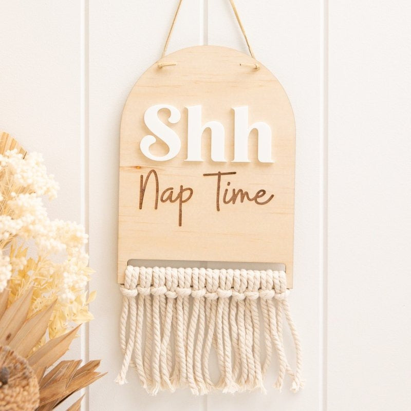Shh Nap Time Door Hanging Sign for Baby Room – Wooden Nursery Wall Decor with Macrame Tassels, Cute Sleeping Baby Door Sign, Gift for Newborn