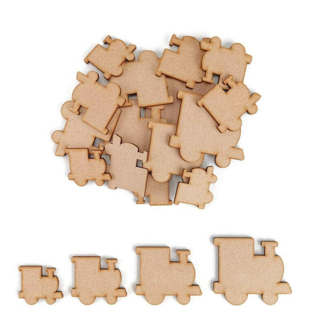 Pack of 10 Wooden MDF Train Cutouts | 2 Inch Craft Shapes for DIY Art, School Projects, Scrapbooking & Party Decorations | Wooden Blanks for Kids Crafts & Gift Embellishment