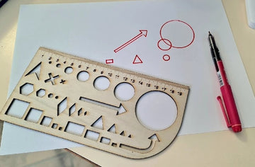 Multi Shape Geometric Stencil Ruler for Drawing, Art, Craft, and Technical Design – 20cm Wooden Template with Circles, Squares, Arrows, Hexagons
