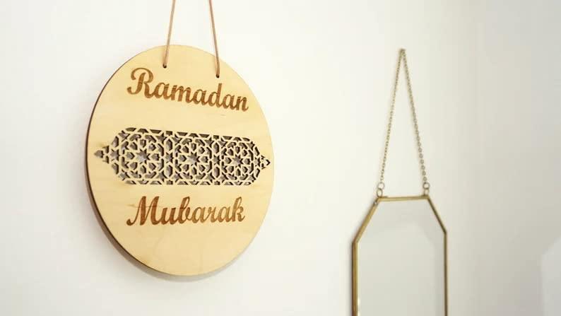 Haoser 2 Pices Mubarak Decoration- Wooden Ramadan Kareem Door Sign- Round, Door Hanging Sign Islam Mubarak Wood Wall Pendant for Muslim Home Room Happy Ramadan Mubarak Party Supplies - Haoser