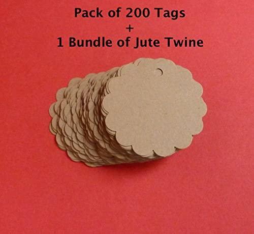 Scalloped Shaped Kraft Plain Paper Tags with Jute Twine, Perfect for Arts and Crafts, DIY, Wedding Party Favor - (Pack of 200) - Haoser