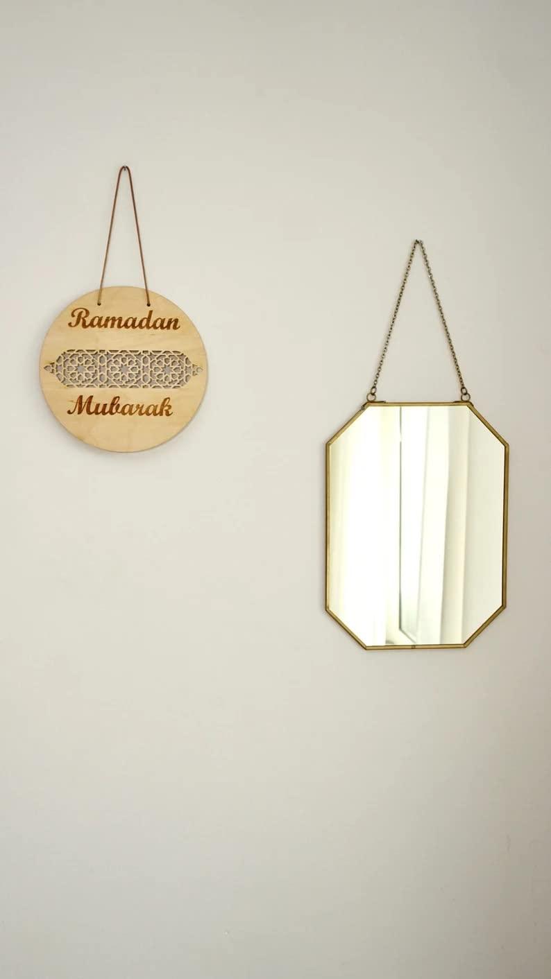 Haoser 2 Pices Mubarak Decoration- Wooden Ramadan Kareem Door Sign- Round, Door Hanging Sign Islam Mubarak Wood Wall Pendant for Muslim Home Room Happy Ramadan Mubarak Party Supplies - Haoser