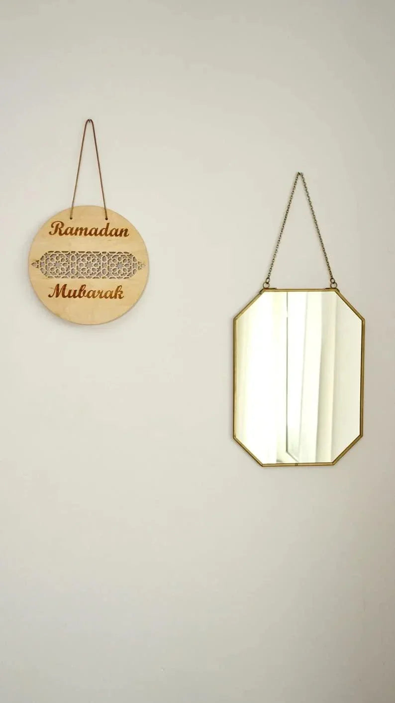 Haoser 2 Pices Mubarak Decoration- Wooden Ramadan Kareem Door Sign- Round, Door Hanging Sign Islam Mubarak Wood Wall Pendant for Muslim Home Room Happy Ramadan Mubarak Party Supplies - Haoser