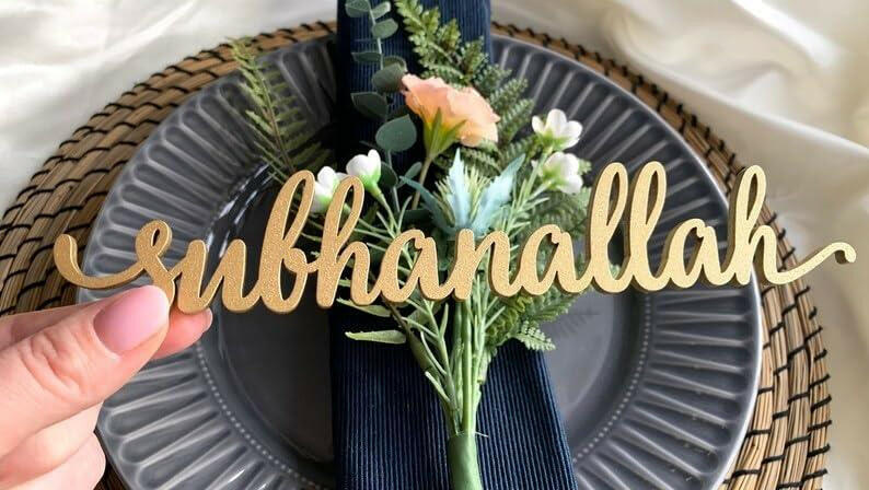 Haoser Wood Cutout Table Place Card Eid Mubarak Gather Wood Word Table Decorations, Eid Mubarak Blessings Place Cards Elegant Islamic Event Decor for Weddings, Parties, and Special Occasions - Haoser