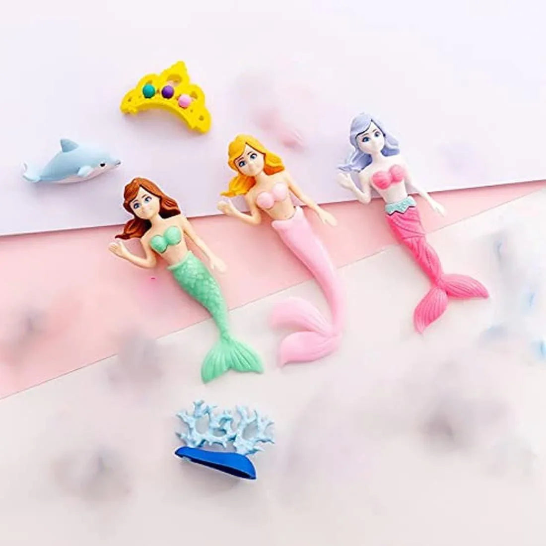 Haoser Colorful Mermaid Theme Stationary for Boys & Girls with 4 Cute Adorable Characters Water Animal & Creatures, Fancy Eraser Set Birthday Party Return Gift for Kids (Multicolor) - Haoser
