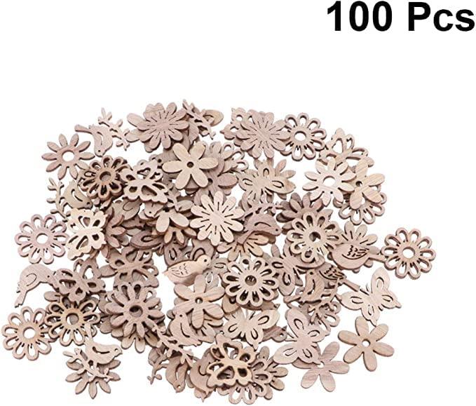 100pcs Wooden Slices Wooden Embellishments Wooden Shapes Cutouts Wooden Flower Butterfly Birds Craft Slice Unfinished Wood Discs for DIY Crafts Wooden Cutouts Project Wooden Shapes 1.5*1.5 inch - Haoser