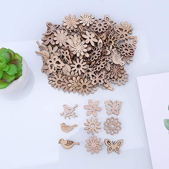 100pcs Wooden Slices Wooden Embellishments Wooden Shapes Cutouts Wooden Flower Butterfly Birds Craft Slice Unfinished Wood Discs for DIY Crafts Wooden Cutouts Project Wooden Shapes 1.5*1.5 inch - Haoser
