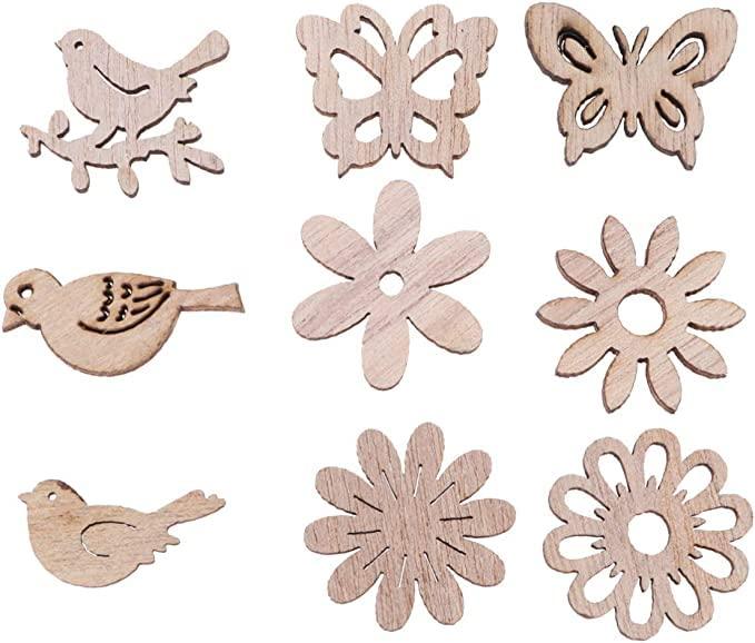 100pcs Wooden Slices Wooden Embellishments Wooden Shapes Cutouts Wooden Flower Butterfly Birds Craft Slice Unfinished Wood Discs for DIY Crafts Wooden Cutouts Project Wooden Shapes 1.5*1.5 inch - Haoser