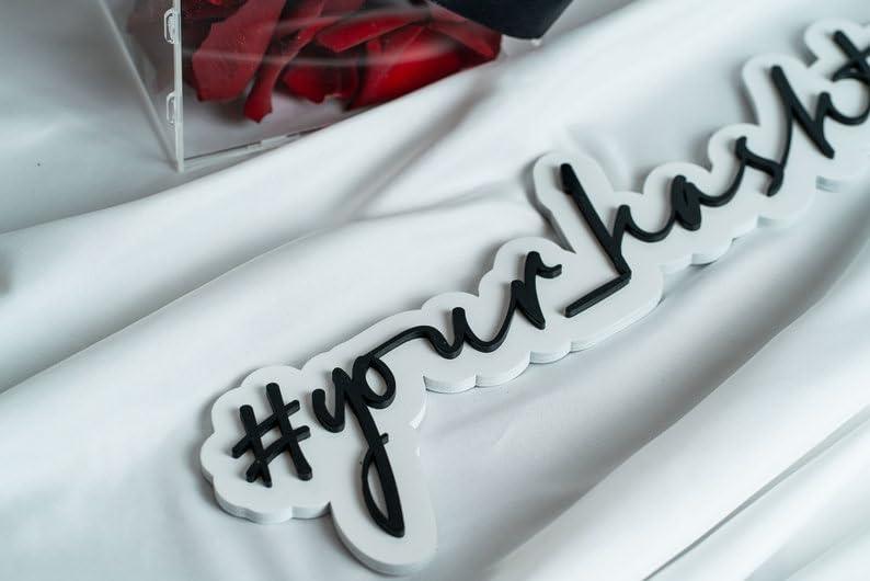 Curious Button Customized Text Wood Name Sign for Your Welcome Door, Custom Wood Social Media Sign, White and Black Personalized Sign, Wedding Hashtag Sign (25cm) - Haoser