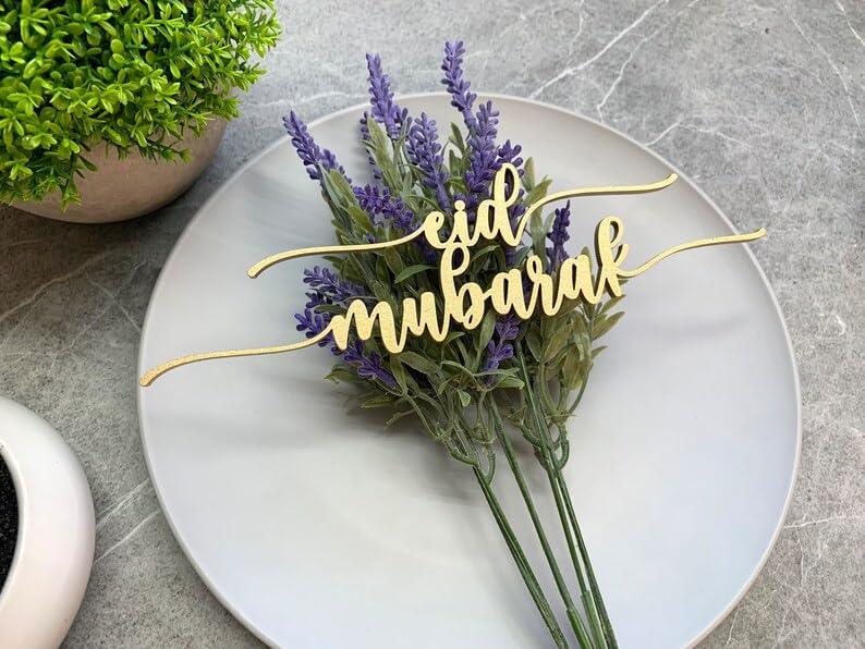 Haoser Wood Cutout Table Place Card Eid Mubarak Gather Wood Word Table Decorations, Eid Mubarak Blessings Place Cards Elegant Islamic Event Decor for Weddings, Parties, and Special Occasions - Haoser