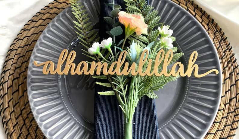 Haoser Wood Cutout Table Place Card Eid Mubarak Gather Wood Word Table Decorations, Eid Mubarak Blessings Place Cards Elegant Islamic Event Decor for Weddings, Parties, and Special Occasions - Haoser