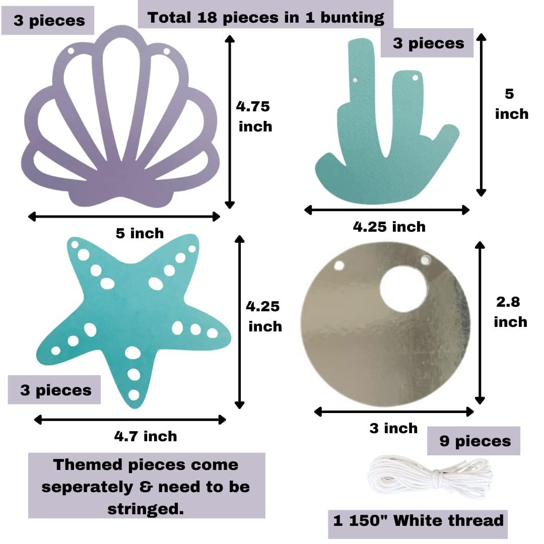 Mermaid Theme Paper Bunting, 18 Pieces, Mint, Aqua, Purple and Silver, 67 inches in Length - Haoser