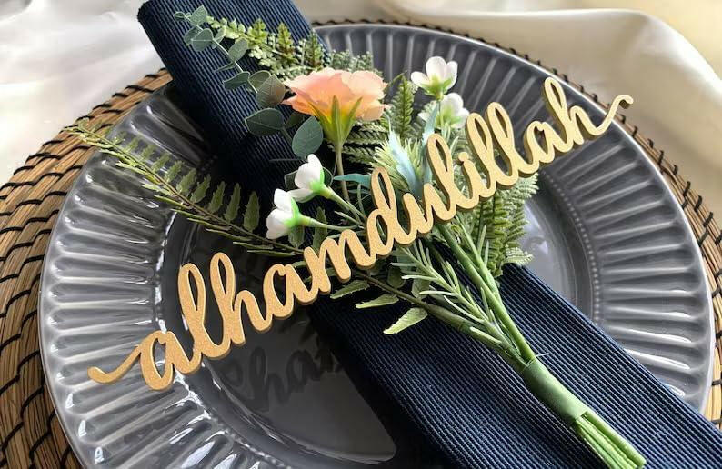 Haoser Wood Cutout Table Place Card Eid Mubarak Gather Wood Word Table Decorations, Eid Mubarak Blessings Place Cards Elegant Islamic Event Decor for Weddings, Parties, and Special Occasions - Haoser