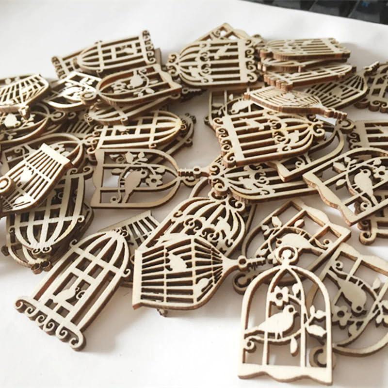 40 Pcs Wooden Slices Cute Bird Cage Shape Embellishments Ornament Wood for Party Decoration DIY Craft Supplies - Haoser
