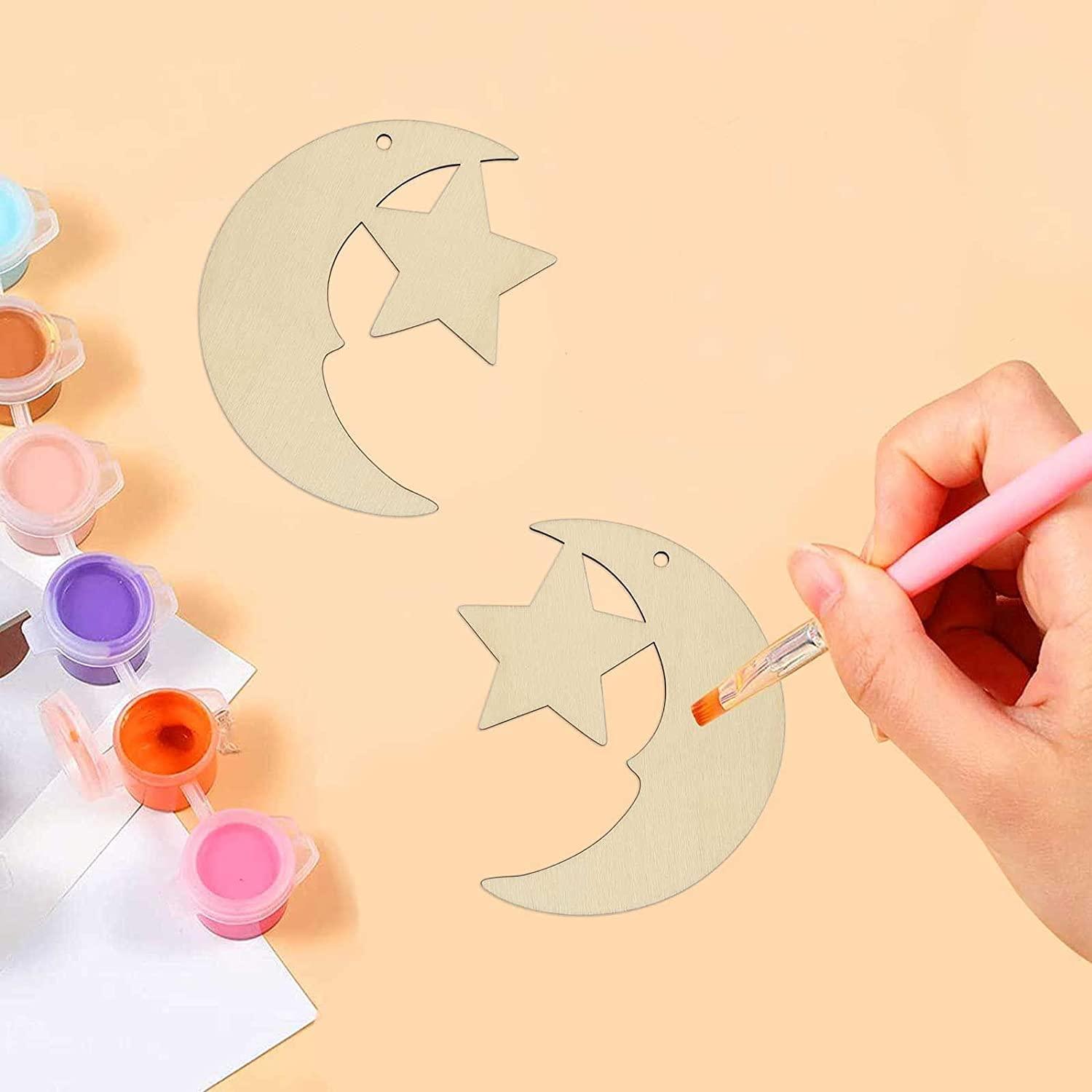 Haoser 10 Pack eid Moon décor,Stars and Moon Decoration, Wooden Moon Star Shaped Hanging Ornaments with Hole for Ramadan Decoration - Haoser
