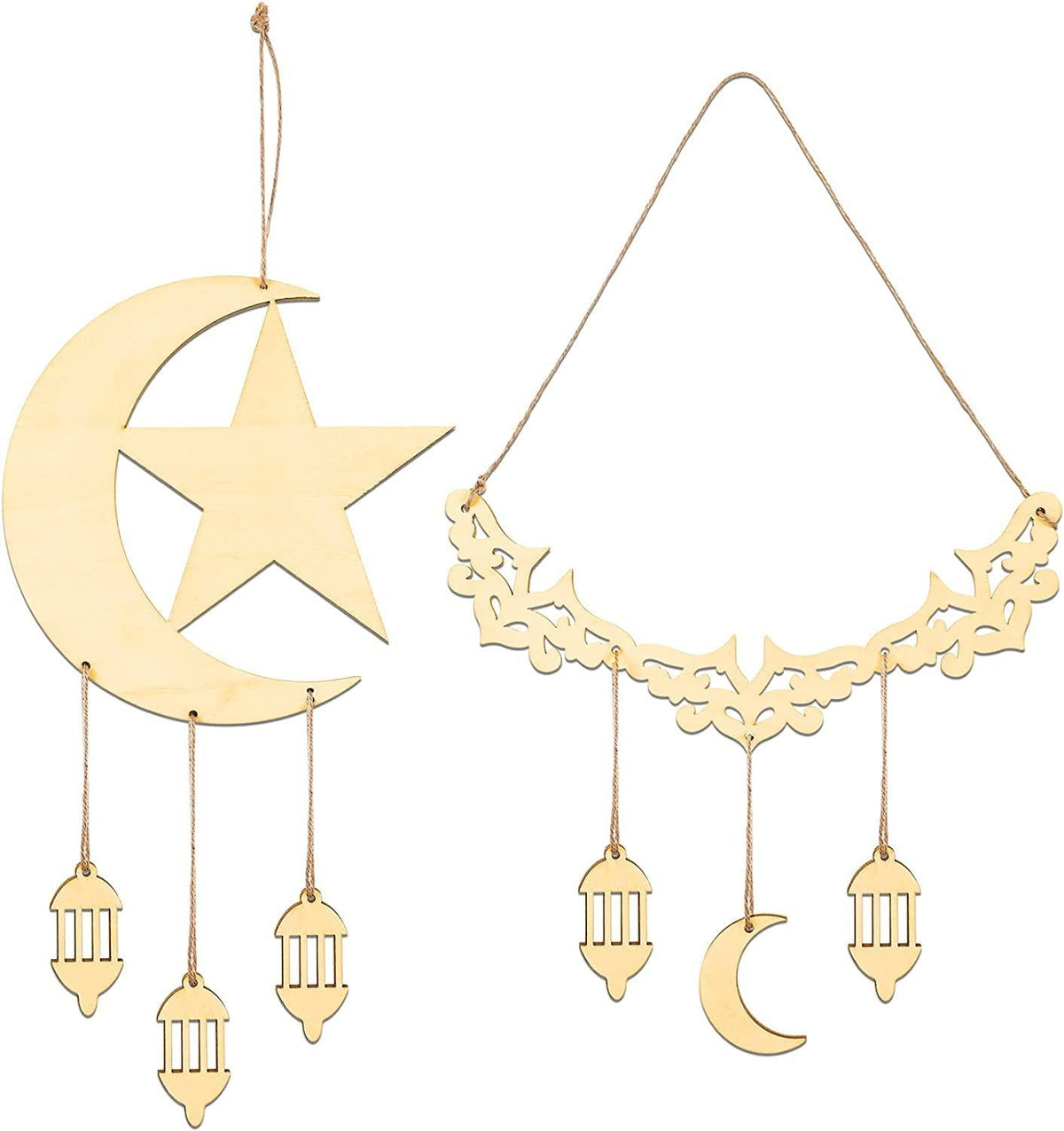 Haoser 2 Pieces Eid Mubarak Wooden Ornaments Moon and Stars Eid Hanging Decoration Islam Ramadan Eid Hanging Decoration for Ramadan Kareem Eid Mubarak Home Decor Party Supplies - Haoser