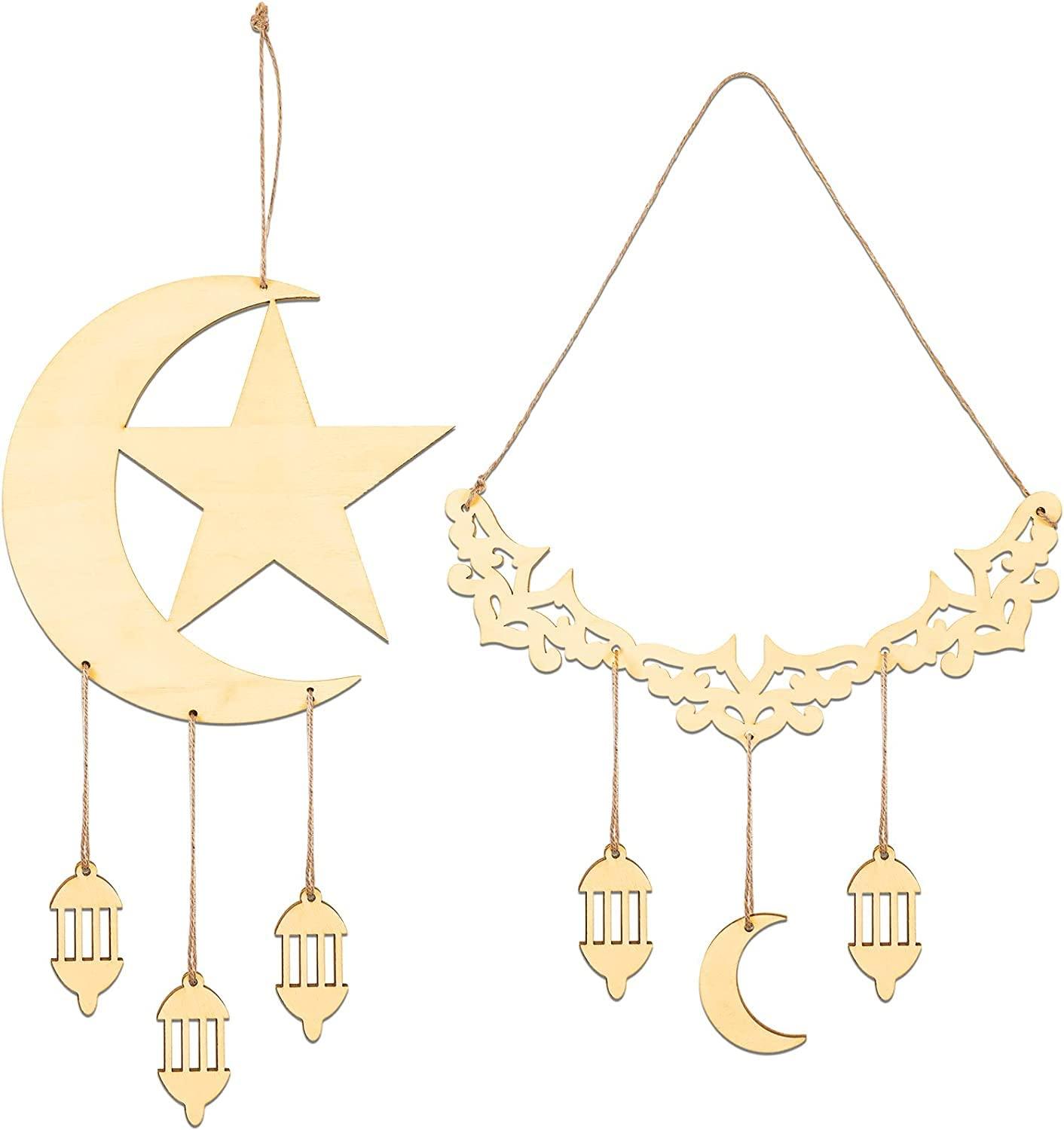 Haoser 2 Pieces Eid Mubarak Wooden Ornaments Moon and Stars Eid Hanging Decoration Islam Ramadan Eid Hanging Decoration for Ramadan Kareem Eid Mubarak Home Decor Party Supplies - Haoser