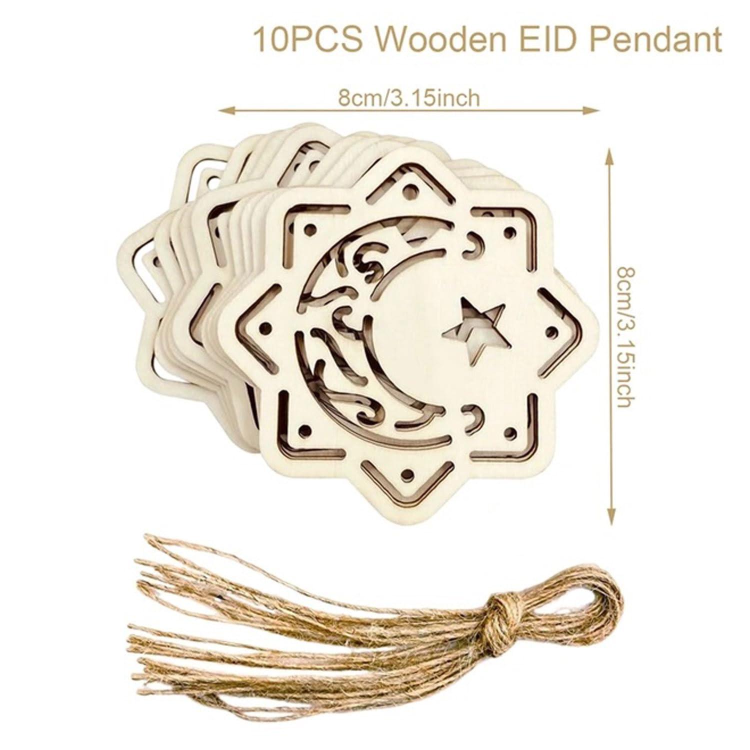 Haoser Set of 10 Eid Special Wooden Pendants, Islamic Festival Decorations, Crescent Moon and Star Design, Handcrafted Eid Mubarak Gifts, Wooden Eid Ornaments, Ramadan and Eid Home Decor (DGN-5) - Haoser