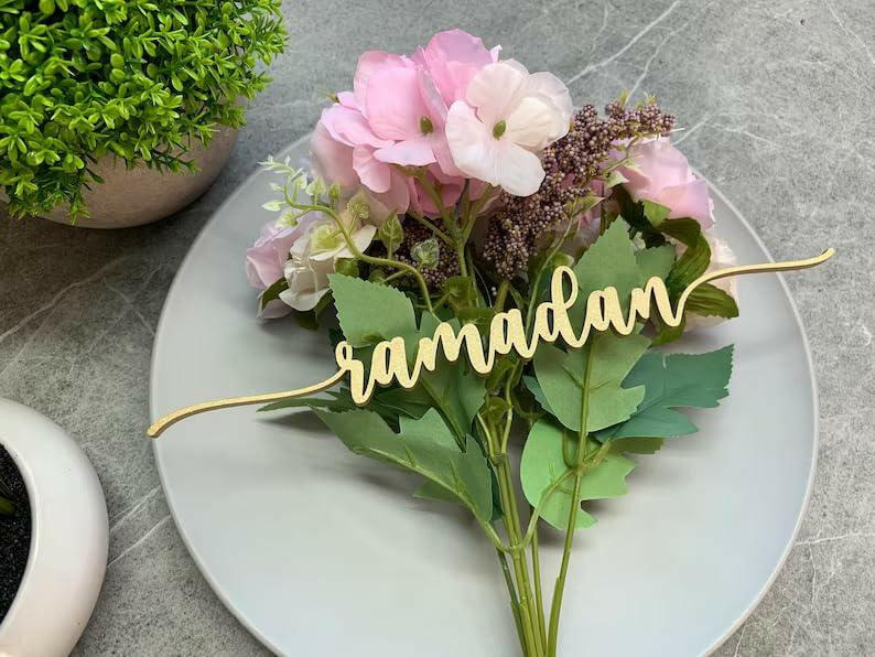 Haoser Wood Cutout Table Place Card Eid Mubarak Gather Wood Word Table Decorations, Eid Mubarak Blessings Place Cards Elegant Islamic Event Decor for Weddings, Parties, and Special Occasions - Haoser