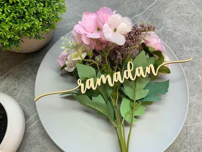 Haoser Wood Cutout Table Place Card Eid Mubarak Gather Wood Word Table Decorations, Eid Mubarak Blessings Place Cards Elegant Islamic Event Decor for Weddings, Parties, and Special Occasions - Haoser