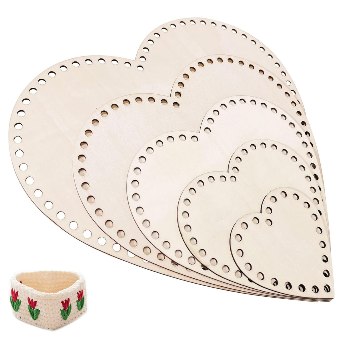 Haoser Heart-Shaped Crochet Knitting Basket Wood Base for DIY Basket Craft Weaving Making Supplies, Unfinished Wooden Base Laser Cut with Hole (5 Pieces, 5 Sizes) - Haoser