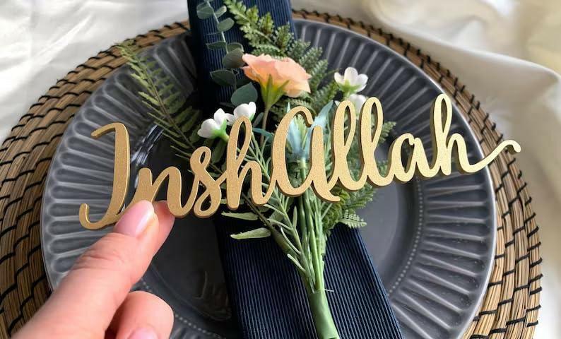 Haoser Wood Cutout Table Place Card Eid Mubarak Gather Wood Word Table Decorations, Eid Mubarak Blessings Place Cards Elegant Islamic Event Decor for Weddings, Parties, and Special Occasions - Haoser