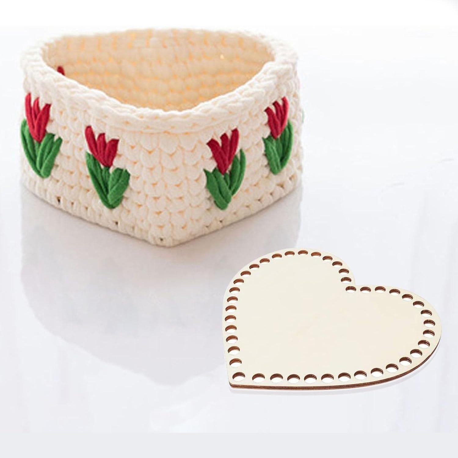 Haoser Heart-Shaped Crochet Knitting Basket Wood Base for DIY Basket Craft Weaving Making Supplies, Unfinished Wooden Base Laser Cut with Hole (5 Pieces, 5 Sizes) - Haoser