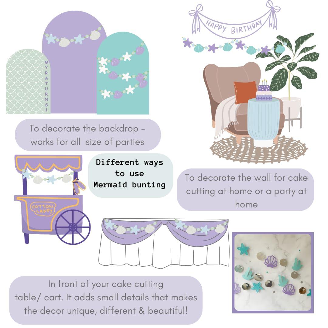 Mermaid Theme Paper Bunting, 18 Pieces, Mint, Aqua, Purple and Silver, 67 inches in Length - Haoser