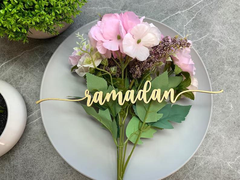 Haoser Wood Cutout Table Place Card Eid Mubarak Gather Wood Word Table Decorations, Eid Mubarak Blessings Place Cards Elegant Islamic Event Decor for Weddings, Parties, and Special Occasions - Haoser