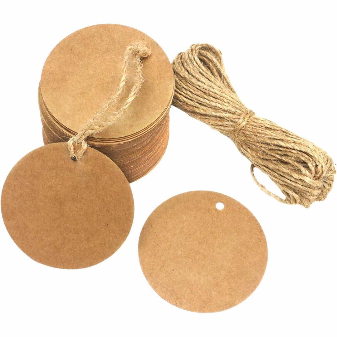 50pcs Circle Shaped Brown Kraft Paper Double-Sided Writable Handmade Tag with Natural Jute Twine for Gift & Thanksgiving Tag (6cmX6cm)_A1 - Haoser