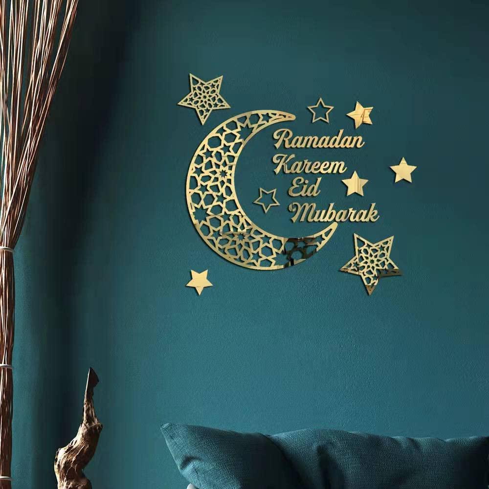 Decorations Ramadan Decor Eid Al Adha Star And Moon Islamic Wall Mirror Decor Stickers For Home Decor (Gold -Ramadan Kareem) - Haoser