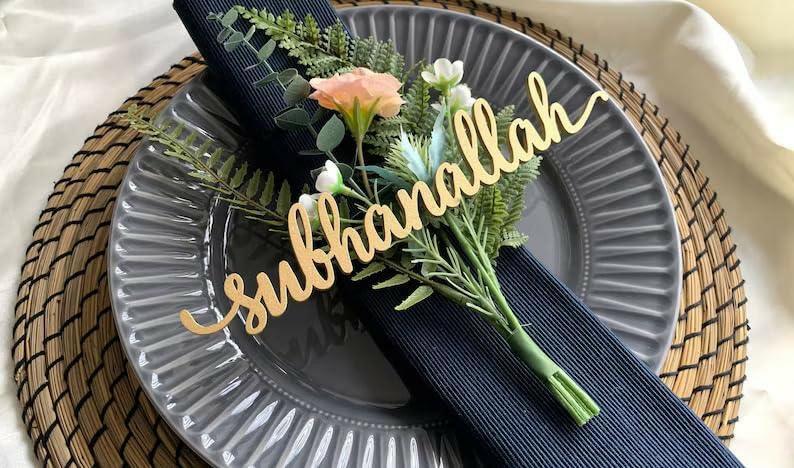 Haoser Wood Cutout Table Place Card Eid Mubarak Gather Wood Word Table Decorations, Eid Mubarak Blessings Place Cards Elegant Islamic Event Decor for Weddings, Parties, and Special Occasions - Haoser