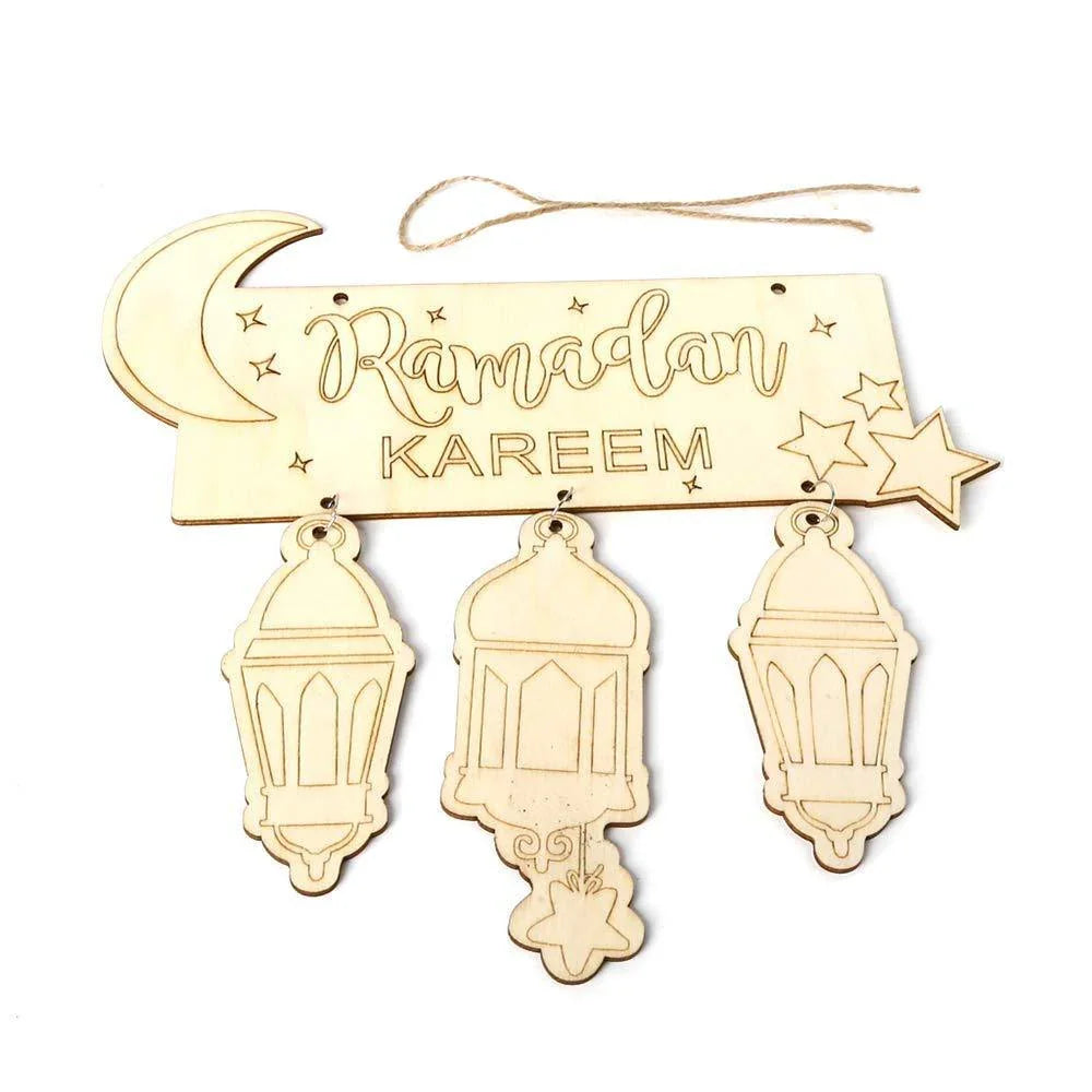 Haoser Wooden Eid Mubarak Hanging Pendant Ramadan Crescent Pattern DIY Crafts Ornament Festival Decoration - Haoser