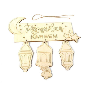 Haoser Wooden Eid Mubarak Hanging Pendant Ramadan Crescent Pattern DIY Crafts Ornament Festival Decoration - Haoser