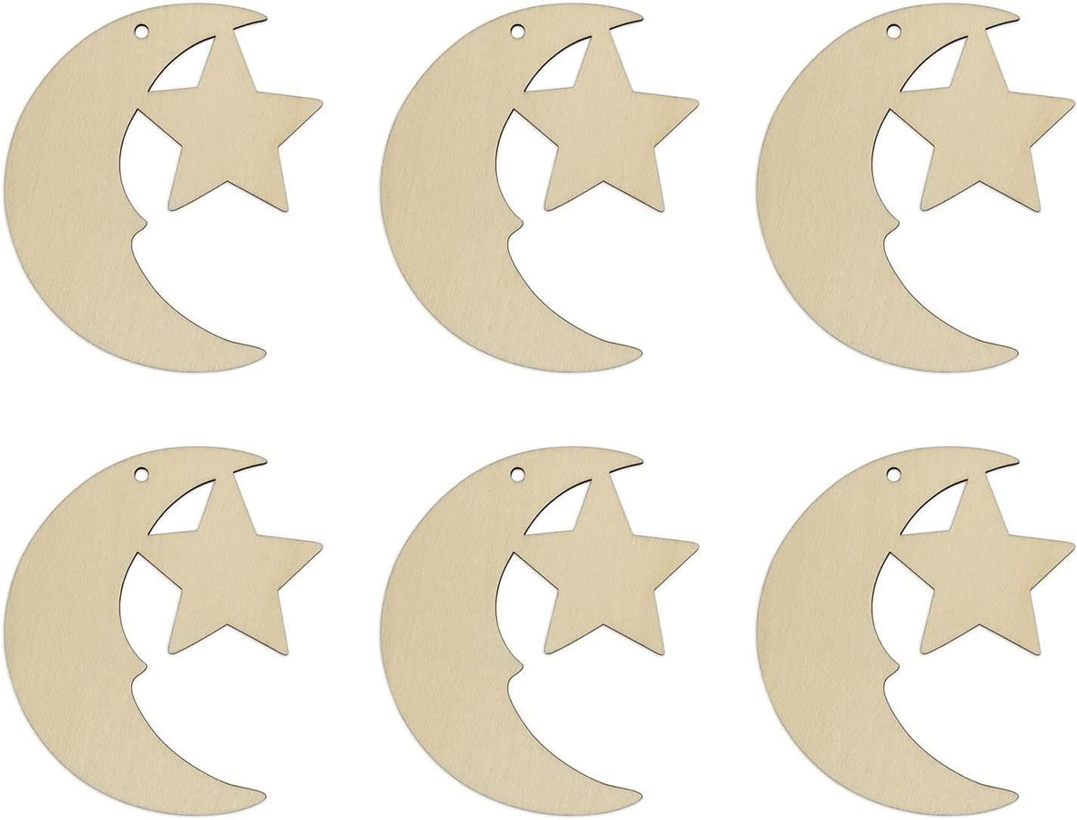 Haoser 10 Pack eid Moon décor,Stars and Moon Decoration, Wooden Moon Star Shaped Hanging Ornaments with Hole for Ramadan Decoration - Haoser
