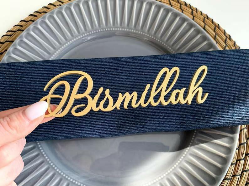 Haoser Wood Cutout Table Place Card Eid Mubarak Gather Wood Word Table Decorations, Eid Mubarak Blessings Place Cards Elegant Islamic Event Decor for Weddings, Parties, and Special Occasions - Haoser
