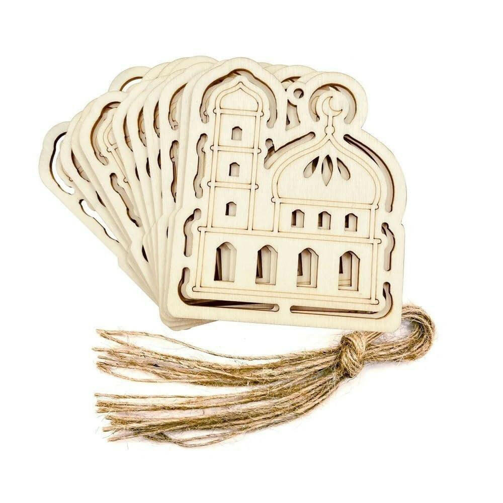 Haoser Set of 10 Eid Special Wooden Pendants, Islamic Festival Decorations, Crescent Moon and Star Design, Handcrafted Eid Mubarak Gifts, Wooden Eid Ornaments, Ramadan and Eid Home Decor (DGN-5) - Haoser