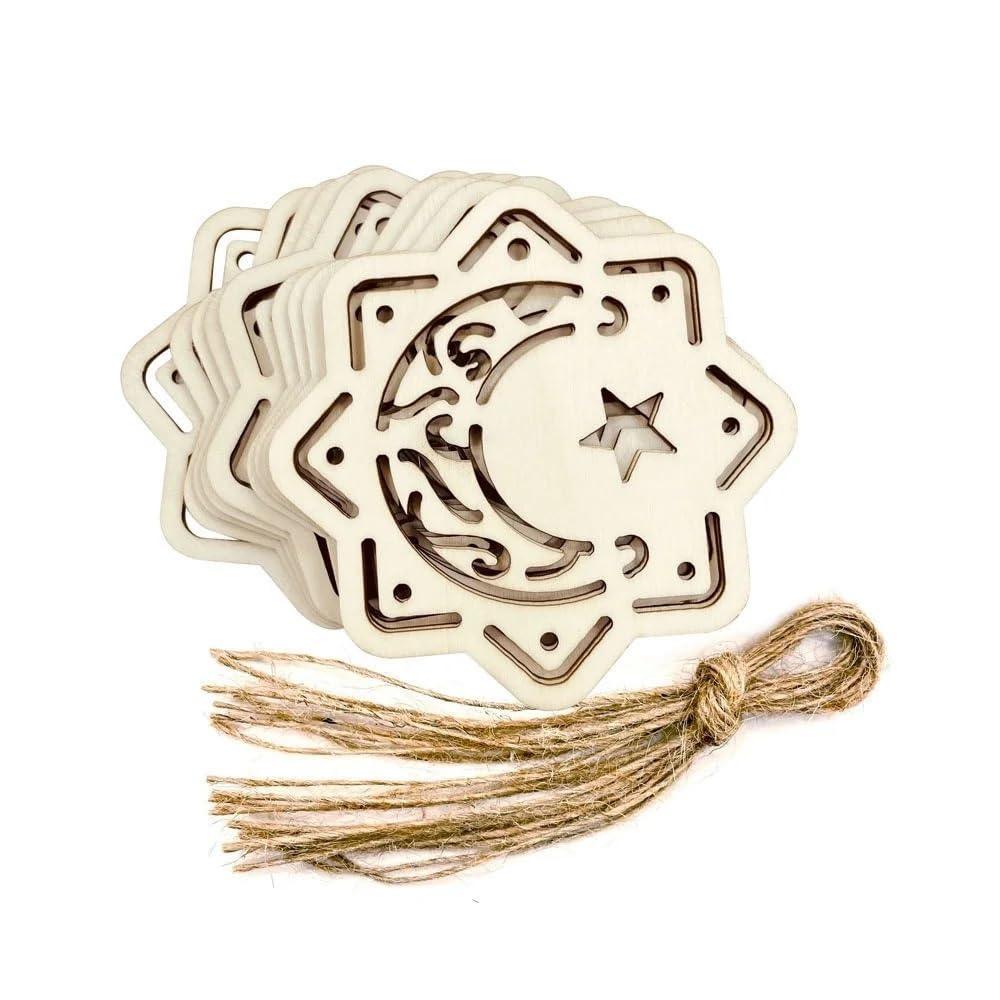 Haoser Set of 10 Eid Special Wooden Pendants, Islamic Festival Decorations, Crescent Moon and Star Design, Handcrafted Eid Mubarak Gifts, Wooden Eid Ornaments, Ramadan and Eid Home Decor (DGN-5) - Haoser