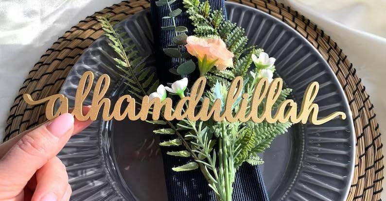 Haoser Wood Cutout Table Place Card Eid Mubarak Gather Wood Word Table Decorations, Eid Mubarak Blessings Place Cards Elegant Islamic Event Decor for Weddings, Parties, and Special Occasions - Haoser