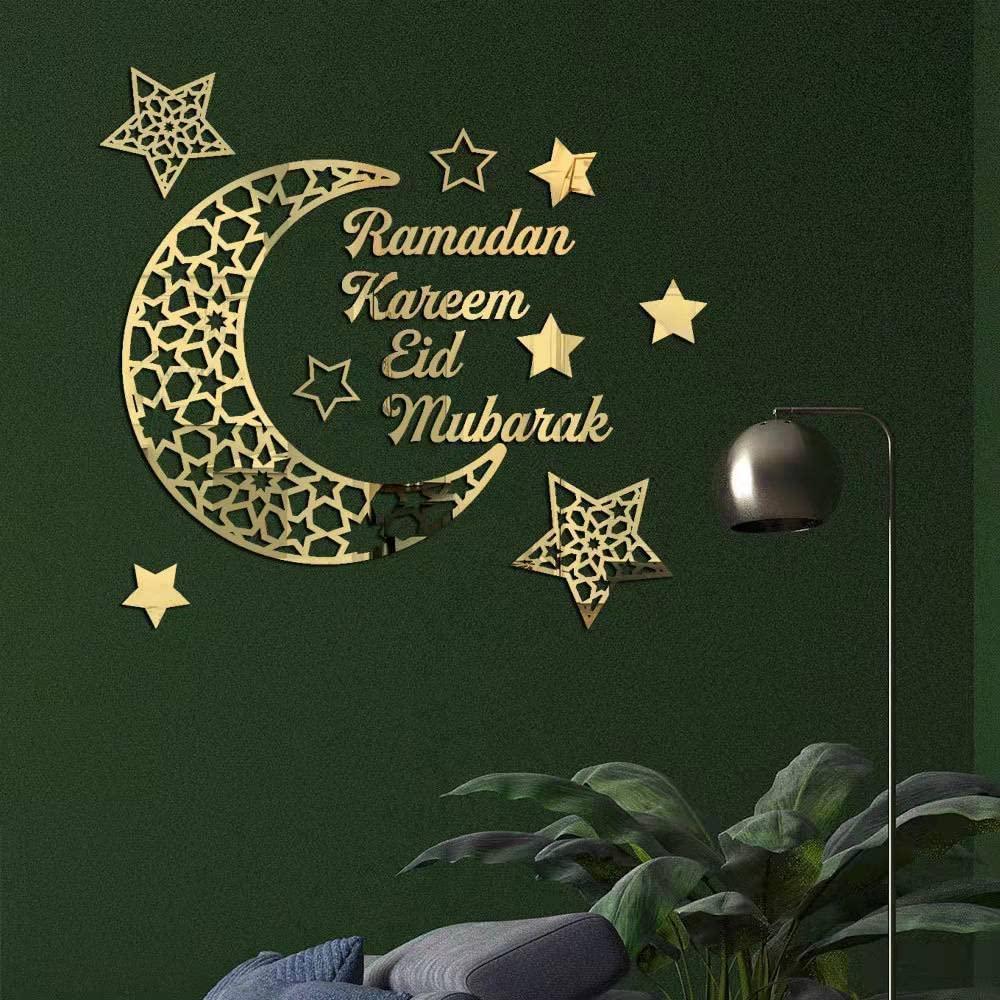 Decorations Ramadan Decor Eid Al Adha Star And Moon Islamic Wall Mirror Decor Stickers For Home Decor (Gold -Ramadan Kareem) - Haoser