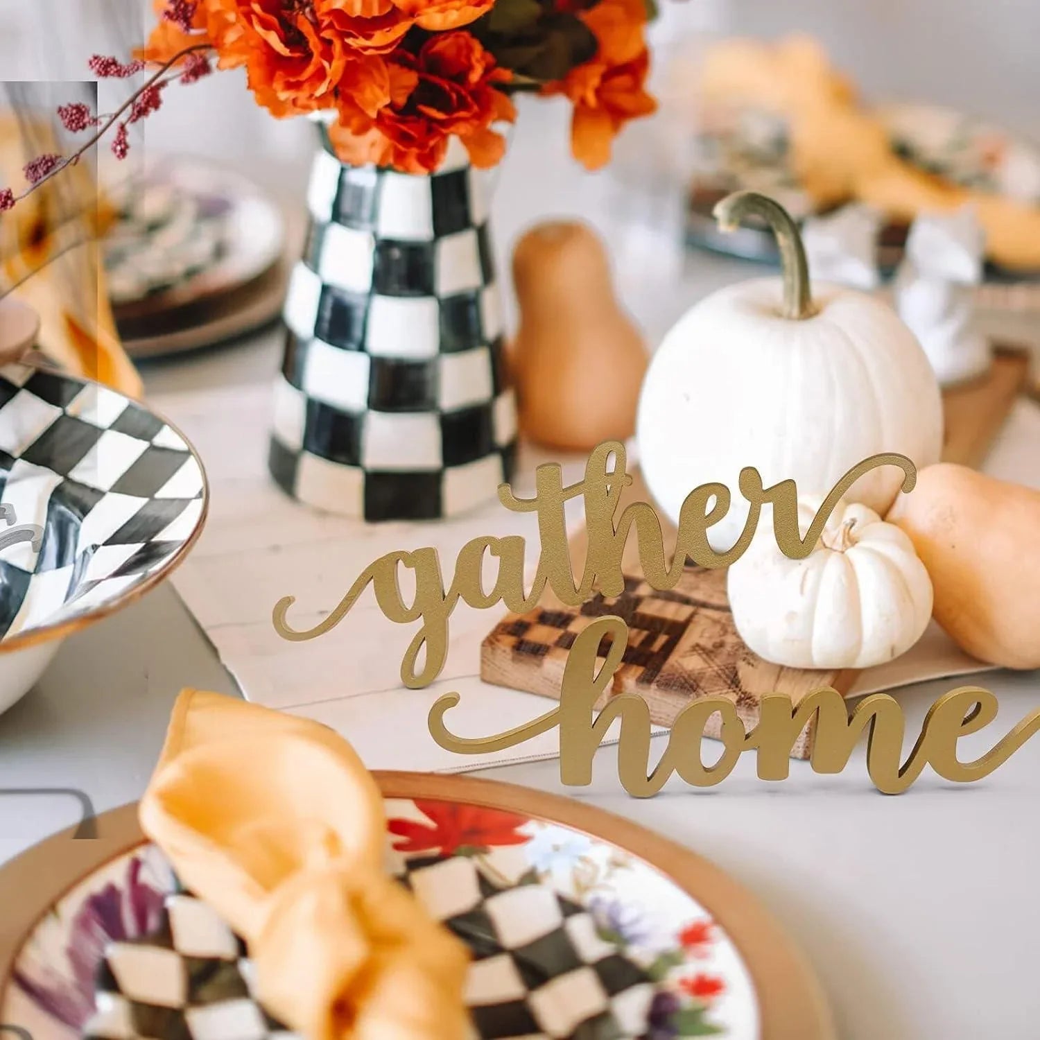 Haoser 5 PCS Thankful Grateful Blessed Gather Home Tablescape Words Laser Cut Wood Plate Letter Sign - Haoser