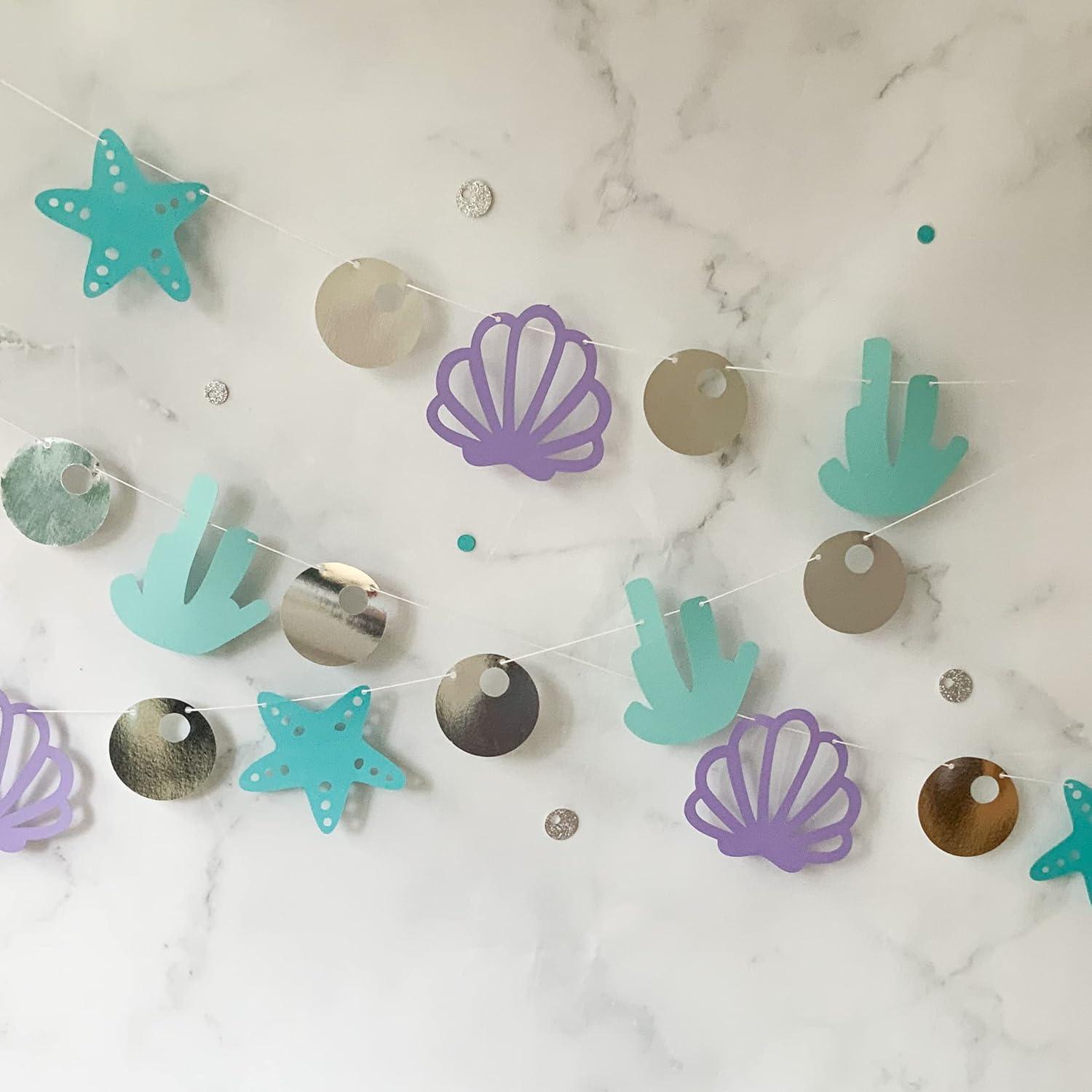 Mermaid Theme Paper Bunting, 18 Pieces, Mint, Aqua, Purple and Silver, 67 inches in Length - Haoser