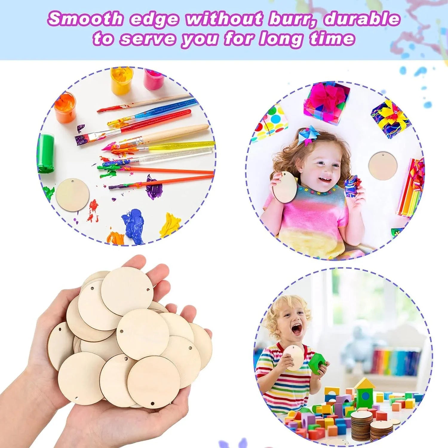 100 Pieces Unfinished Round Wooden Circles with Holes Round Wood Discs for Crafts Blank Natural Wood Circle Cutouts for DIY Crafts Party Birthday Christmas Decoration (2 Inch) - Haoser