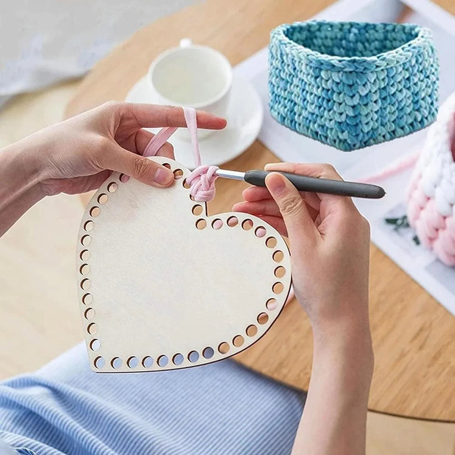 Haoser Heart-Shaped Crochet Knitting Basket Wood Base for DIY Basket Craft Weaving Making Supplies, Unfinished Wooden Base Laser Cut with Hole (5 Pieces, 5 Sizes) - Haoser