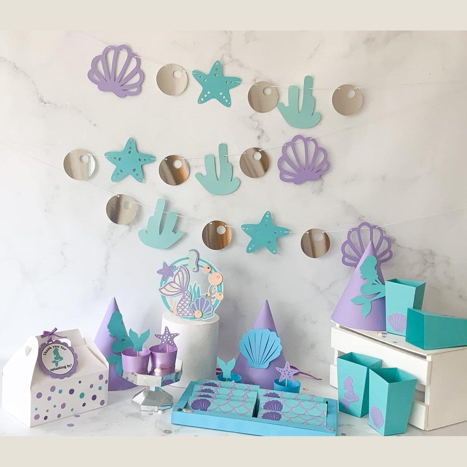Mermaid Theme Paper Bunting, 18 Pieces, Mint, Aqua, Purple and Silver, 67 inches in Length - Haoser