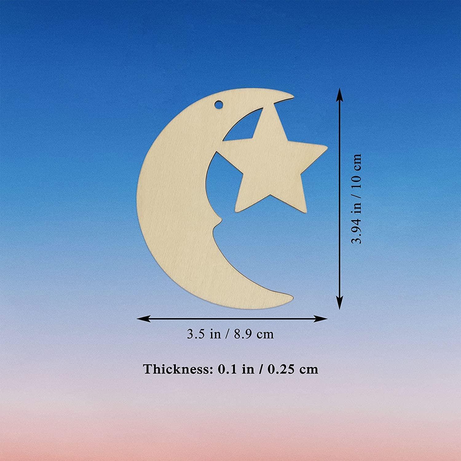 Haoser 10 Pack eid Moon décor,Stars and Moon Decoration, Wooden Moon Star Shaped Hanging Ornaments with Hole for Ramadan Decoration - Haoser
