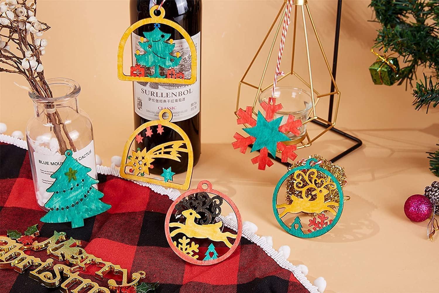 20pcs Unfinished Wooden Hanging Ornaments for Christmas Decorations,5 Styles DIY Wood Slices with Holes - Haoser