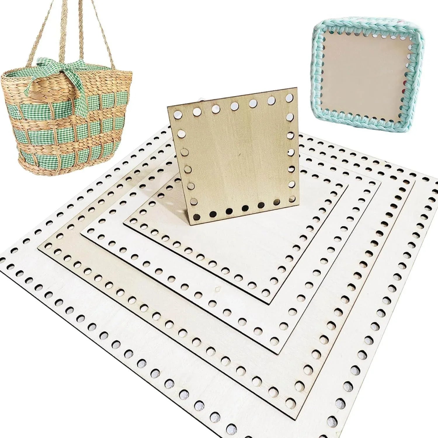 Haoser Square Wooden Basket Bottom Wooden Base Shape Blank Crochet Base for DIY Basket Craft Weaving Making Supplies, Unfinished Wooden Base Laser Cut with Hole (5 Pieces, 5 Sizes) - Haoser