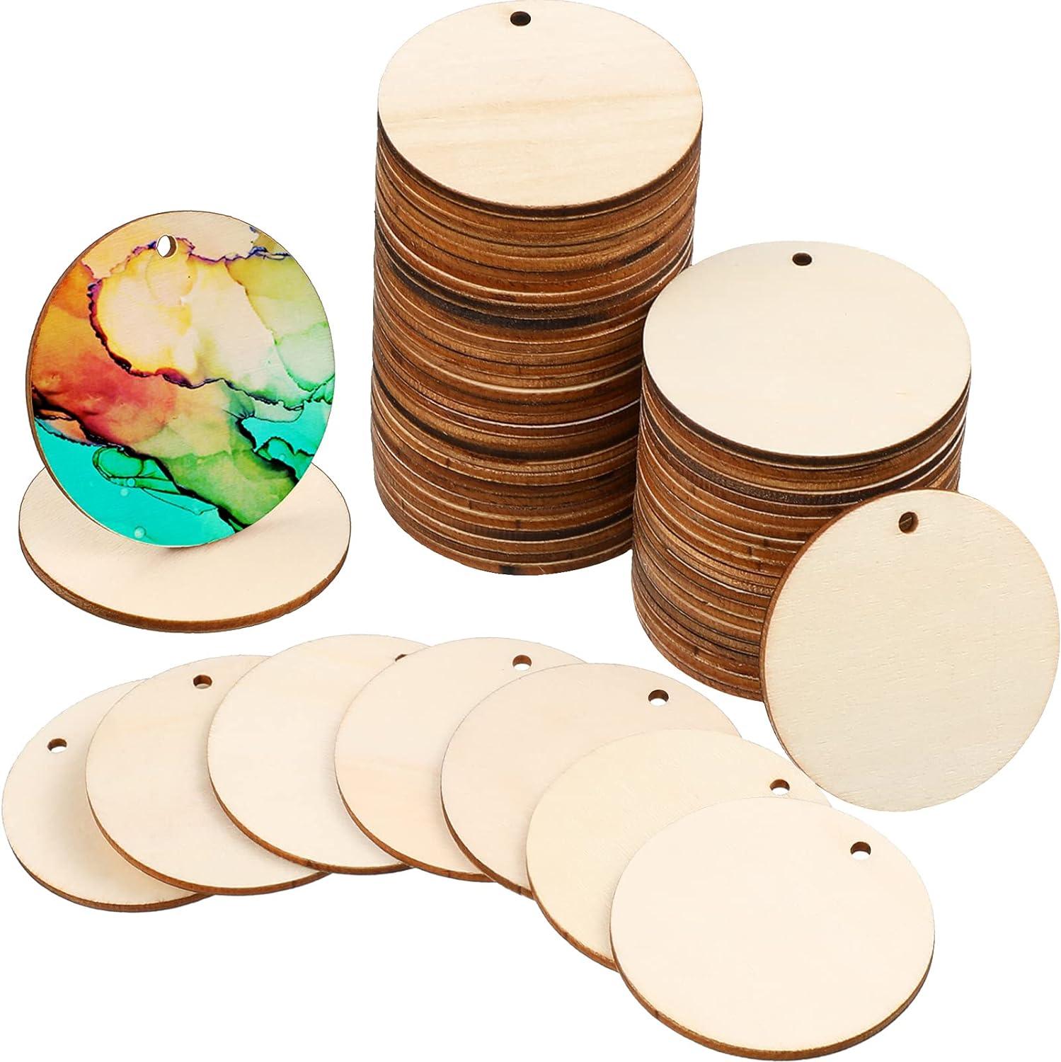 100 Pieces Unfinished Round Wooden Circles with Holes Round Wood Discs for Crafts Blank Natural Wood Circle Cutouts for DIY Crafts Party Birthday Christmas Decoration (2 Inch) - Haoser